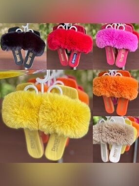 Faux Fur Slide Sandals - Yellow, Black, Red, Pink, Orange, Beige